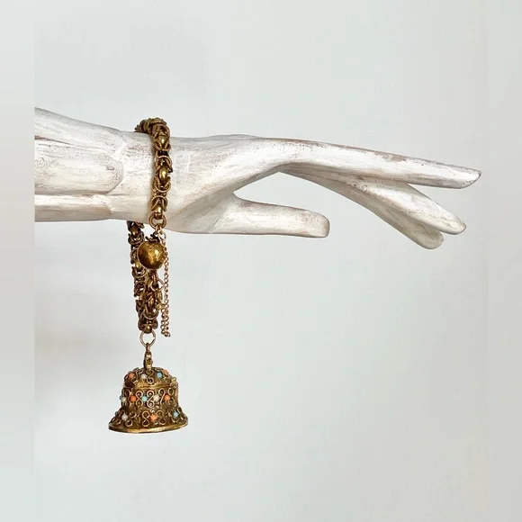 Vintage 60s Warm Gold Tone Antiqued Brass Bell
Locket Bracelet Etruscan Revival - Picture 4 of 7